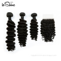 100% Human Hair Deep Wave Peruvian Tangle Free Bundles With Closure Wholesale Cheap 8A Grade